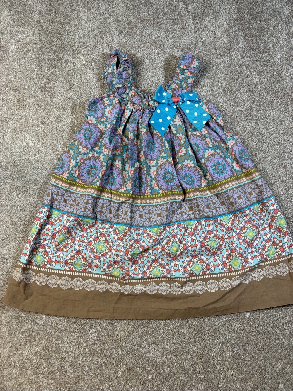 Bonnie Jean Brown Multicolor Floral Patchwork Sundress with Blue Polka Dot Bow